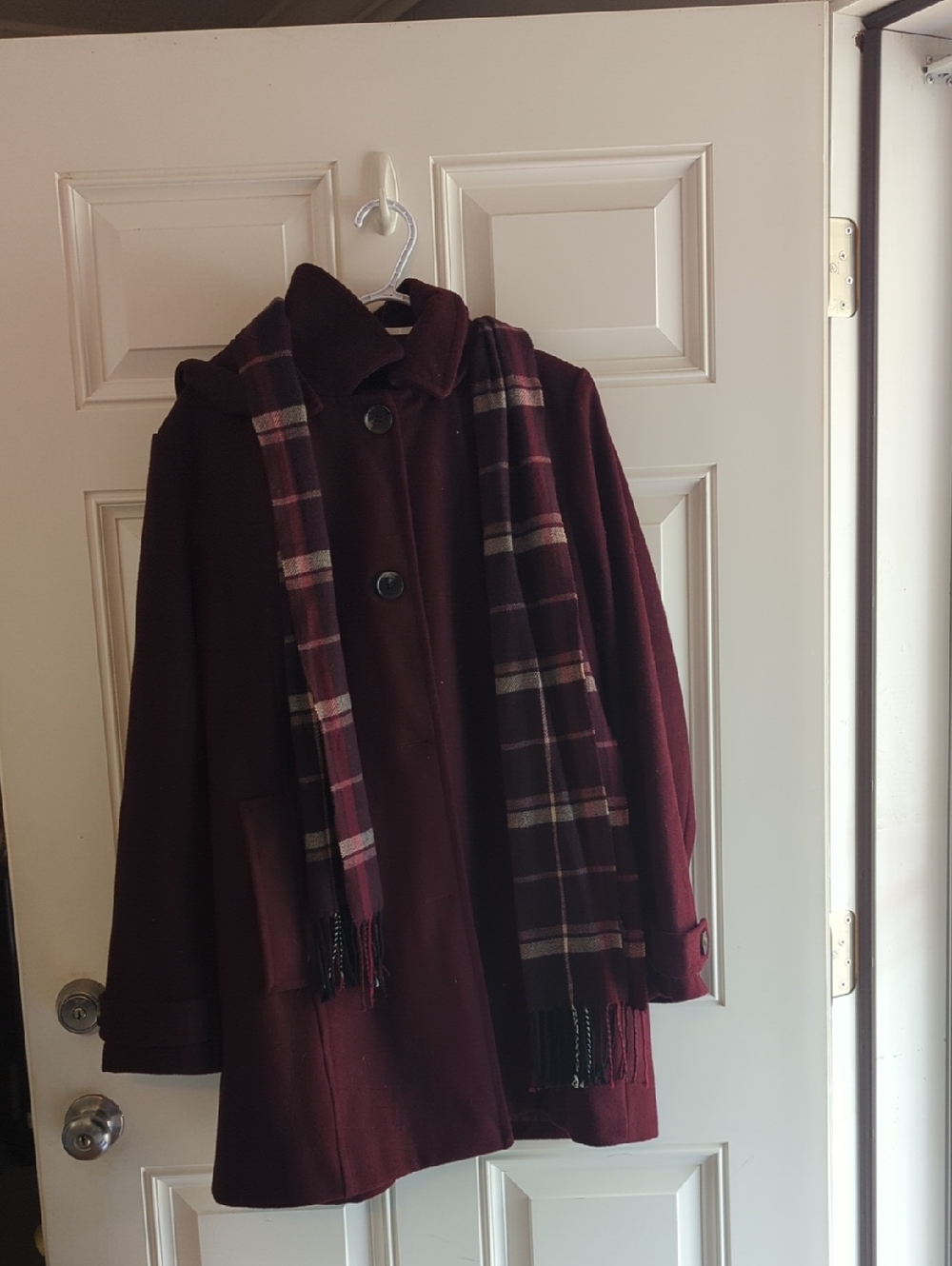 St. John's Bay Ladies Burgundy Coat with Blue Label and Removable Hood